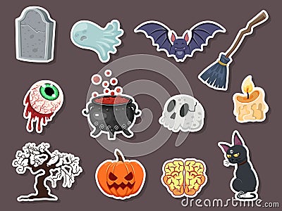 Set of icon halloweeen stickers. pumpkin, ghost, brain, bat, skull, gravestone, tree, candle, broom, eyeball, cat, witches Vector Illustration