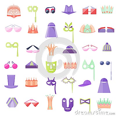 Set with Icon of Hats, Crowns, Glasses and Masks Vector Illustration