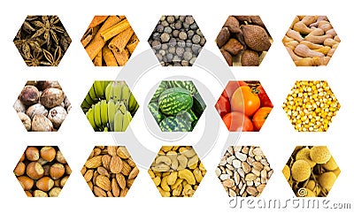 Set icon honeycomb vegetables fruits and nuts, base hexahedral cell watermelon tomato Stock Photo