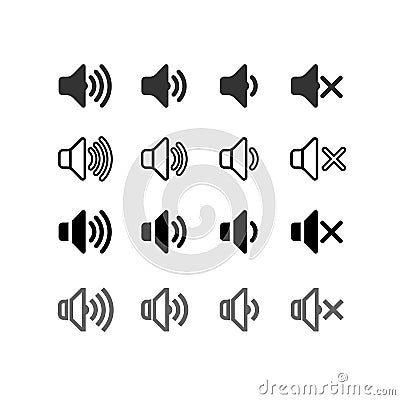 Set of an icon that increases and reduces the sound. Icon showing the mute. Sound icons with different signal levels in a flat Cartoon Illustration