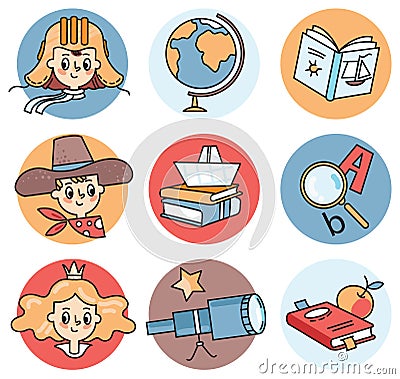 Set of icon: kids, books, pencil, magnifier, globe, boat Stock Photo