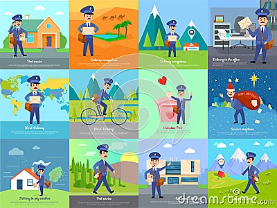 Set of icon with postman characters and mail boxes Vector Illustration