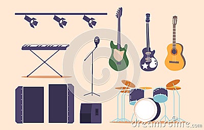 Set Of Iconic Rock Music Items. Electric Or Acoustic Guitars, Drum, Microphone And Keyboard, Dynamic And Spot Lights Vector Illustration