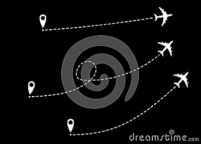 Set icons airplane line path route. Aircraft route dotted lines. Tourism and travel. Tourist route by plane. Tracks traveler icons Vector Illustration