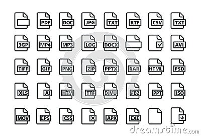 Set of icons all popular program formats. PDF DOC and many others uniform. Vector illustration flat. Black and white Vector Illustration