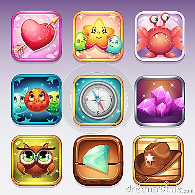 Set icons for app store and Google Play to computer games on various topics Vector Illustration