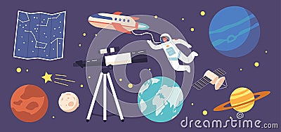 Set of Icons Astronomy Science Learning, Interstellar Travel. Telescope, Sky Map, Planets and Stars in Space, Astronaut Vector Illustration