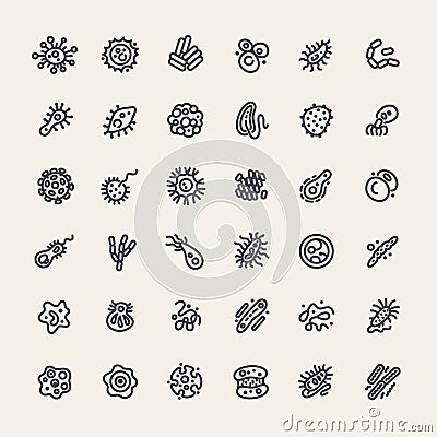 Set of 36 Icons with Bacteria and Germs Vector Illustration