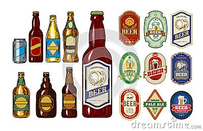 Set of icons beer bottles and label them Vector Illustration