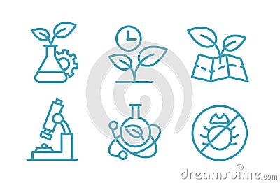 A set of icons biotechnology. Biology chemistry plants and flasks. Agriculture and agronomist. Vector Illustration