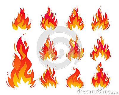 A set of icons with a blazing fire. A burning bonfire with sparks. A fiery flame Vector Illustration