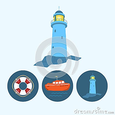 Set icons with boat, lifebuoy , lighthouse Vector Illustration