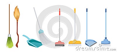 Set of Icons Broom, Scoop and Brushes with Long Handles Household Plastic Tools Isolated on White Background Vector Illustration