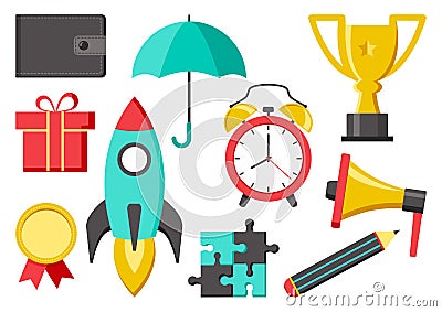 Set of icons for business or education. Wallet, umbrella, cup, medal, rocket, pencil, megaphone, alarm clock, puzzle, gift. Vector Cartoon Illustration