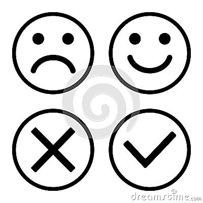 Set of icons buttons. Smileys emoticons positive and negative. Confirmation and rejection. Yes and no. Vector illustration Cartoon Illustration