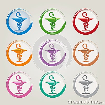 Set of 9 Icons with Caduceus Various Colors - Pharmaceutical Industry Vector Illustration