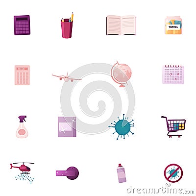 Set of Icons Calculator, Pencils and Book, Money for Travel, Airplane, Globe and Calendar, Sanitizer Vector Illustration