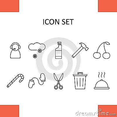 Set of icons - call center worker, snow. cloud, glass cleaner, hammer, cherry, lollipop, mittens, scissors, trash can, hot dinner Vector Illustration