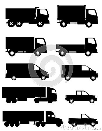 set of icons cars and truck for transportation cargo black silhouette vector illustration Vector Illustration