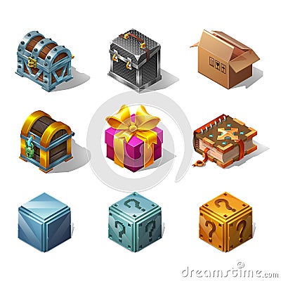 Set of icons cartoon isometric boxes and objects for game. Vector illustration. Vector Illustration