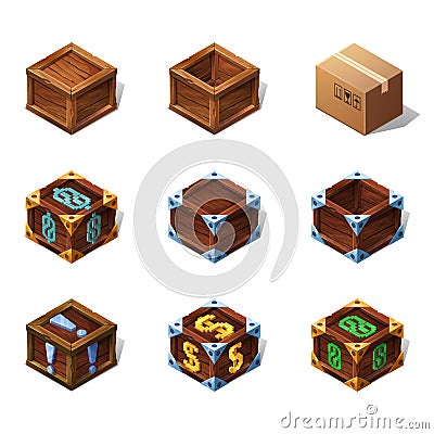 Set of icons cartoon wooden isometric boxes for game. Vector illustration. Vector Illustration