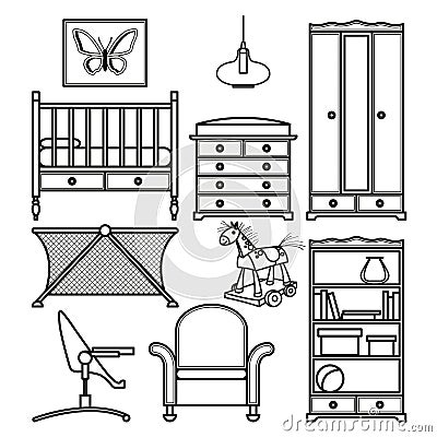 Set of icons of a child`s room. Vector Illustration