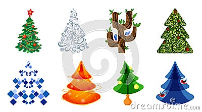 Set of icons of Christmas trees in different styles. Vector Illustration