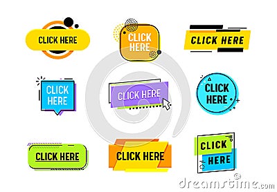 Set of Icons Click Here or Promo Banner, Promotion, Button to Enter on Web Page. Digital Pointer, Navigation for Website Vector Illustration