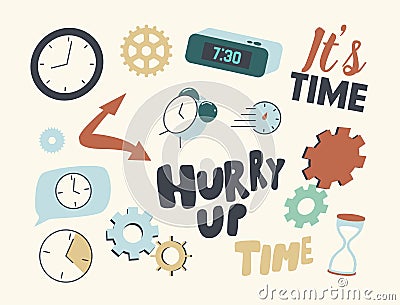 Set of Icons Clock and Time. Alarm Clock with Digital Dial, Cogwheels, Gears Mechanism Details and Watch with Hourglass Vector Illustration