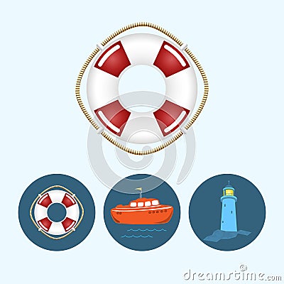 Set icons with colored boat,lifebuoy,lighthouse Vector Illustration