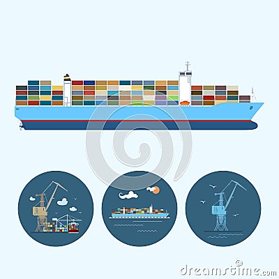 Set icons with crane, cargo containership , the crane with containers in dock, vector illustration Vector Illustration