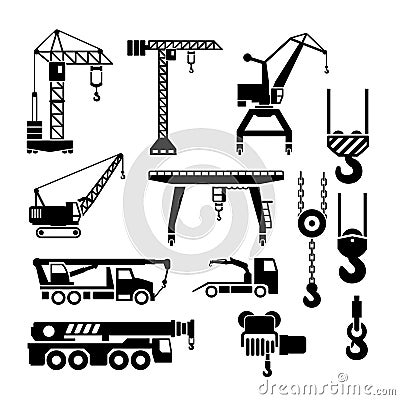 Set icons of crane, lifts and winches Vector Illustration