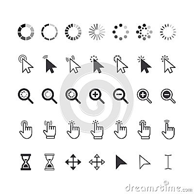 Set of Icons Cursor Pointers, Click Arrows, Fingers, Magnifiers and Hourglass Clocks. Elements for Website Navigation Vector Illustration