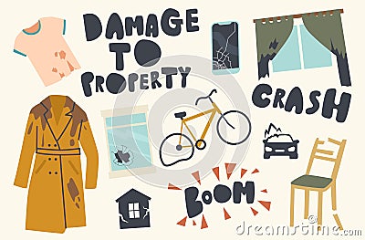 Set of Icons Damage to Property Theme. Crashed Transport Bicycle, Car, Dirty Torn Clothes, Broken Window, Furniture Vector Illustration