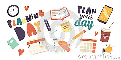 Set of Icons Day Planning. Hand Filling To Do List, Calendar, Notebook with Duties and Deals List. Smartphone with App Vector Illustration