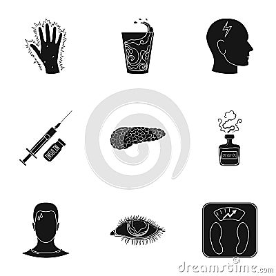 A set of icons about diabetes mellitus. Symptoms and treatment of diabetes. Diabetes icon in set collection on black Vector Illustration