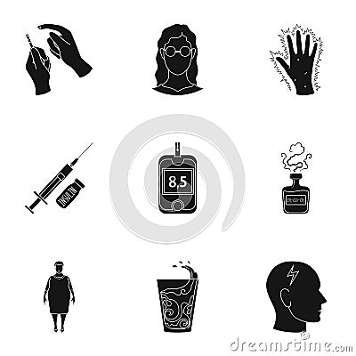 A set of icons about diabetes mellitus. Symptoms and treatment of diabetes. Diabetes icon in set collection on black Vector Illustration