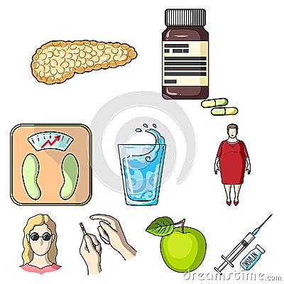 A set of icons about diabetes mellitus. Symptoms and treatment of diabetes. Diabetes icon in set collection on cartoon Vector Illustration
