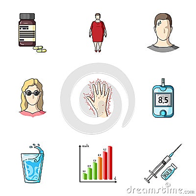 A set of icons about diabetes mellitus. Symptoms and treatment of diabetes. Diabetes icon in set collection on cartoon Vector Illustration