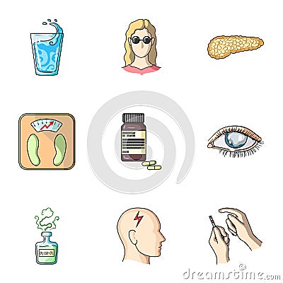 A set of icons about diabetes mellitus. Symptoms and treatment of diabetes. Diabetes icon in set collection on cartoon Vector Illustration
