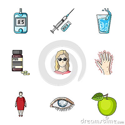 A set of icons about diabetes mellitus. Symptoms and treatment of diabetes. Diabetes icon in set collection on cartoon Vector Illustration