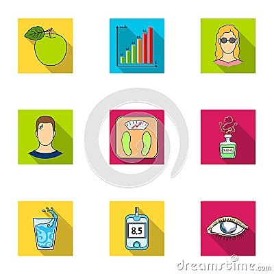 A set of icons about diabetes mellitus. Symptoms and treatment of diabetes. Diabetes icon in set collection on flat Vector Illustration