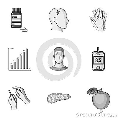 A set of icons about diabetes mellitus. Symptoms and treatment of diabetes. Diabetes icon in set collection on Vector Illustration