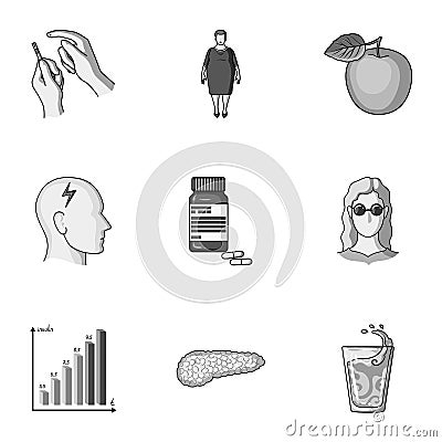 A set of icons about diabetes mellitus. Symptoms and treatment of diabetes. Diabetes icon in set collection on Vector Illustration