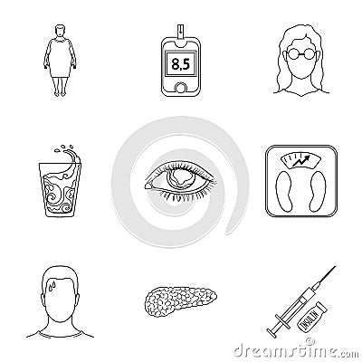 A set of icons about diabetes mellitus. Symptoms and treatment of diabetes. Diabetes icon in set collection on outline Vector Illustration