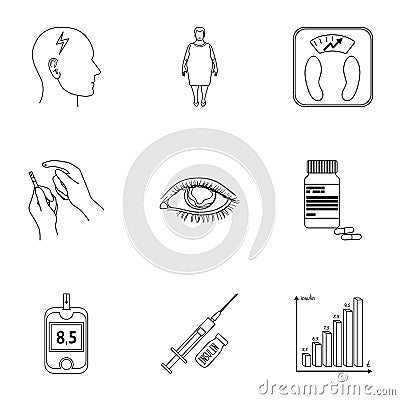 A set of icons about diabetes mellitus. Symptoms and treatment of diabetes. Diabetes icon in set collection on outline Vector Illustration