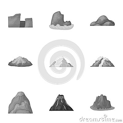 Set of icons about different mountains. Winter, summer mountains in one collection.Different mountains icon in set Vector Illustration