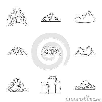 Set of icons about different mountains. Winter, summer mountains in one collection.Different mountains icon in set Vector Illustration