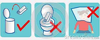 Set of icons for disposable baby changing pads: throw it to the litter bin, do not throw it into toilet, do not put it on your h Stock Photo