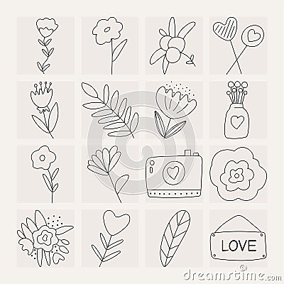 Set of icons, elements for Valentine's day, declarations of love and wedding doodles. Hearts, flowers, sweets, camera. Vector Illustration